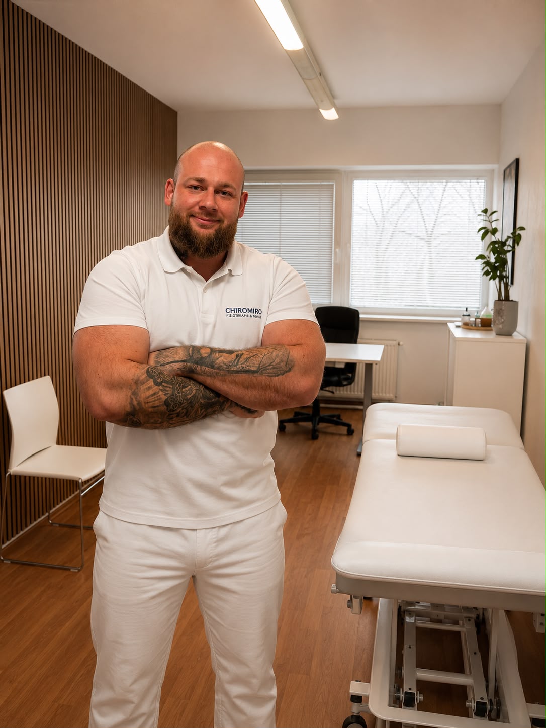 David Burýšek, fyzioterapeut a masér ChiroMiro Praha 8, ve fyzioterapeutické ordinaci s terapeutickým lehátkem.